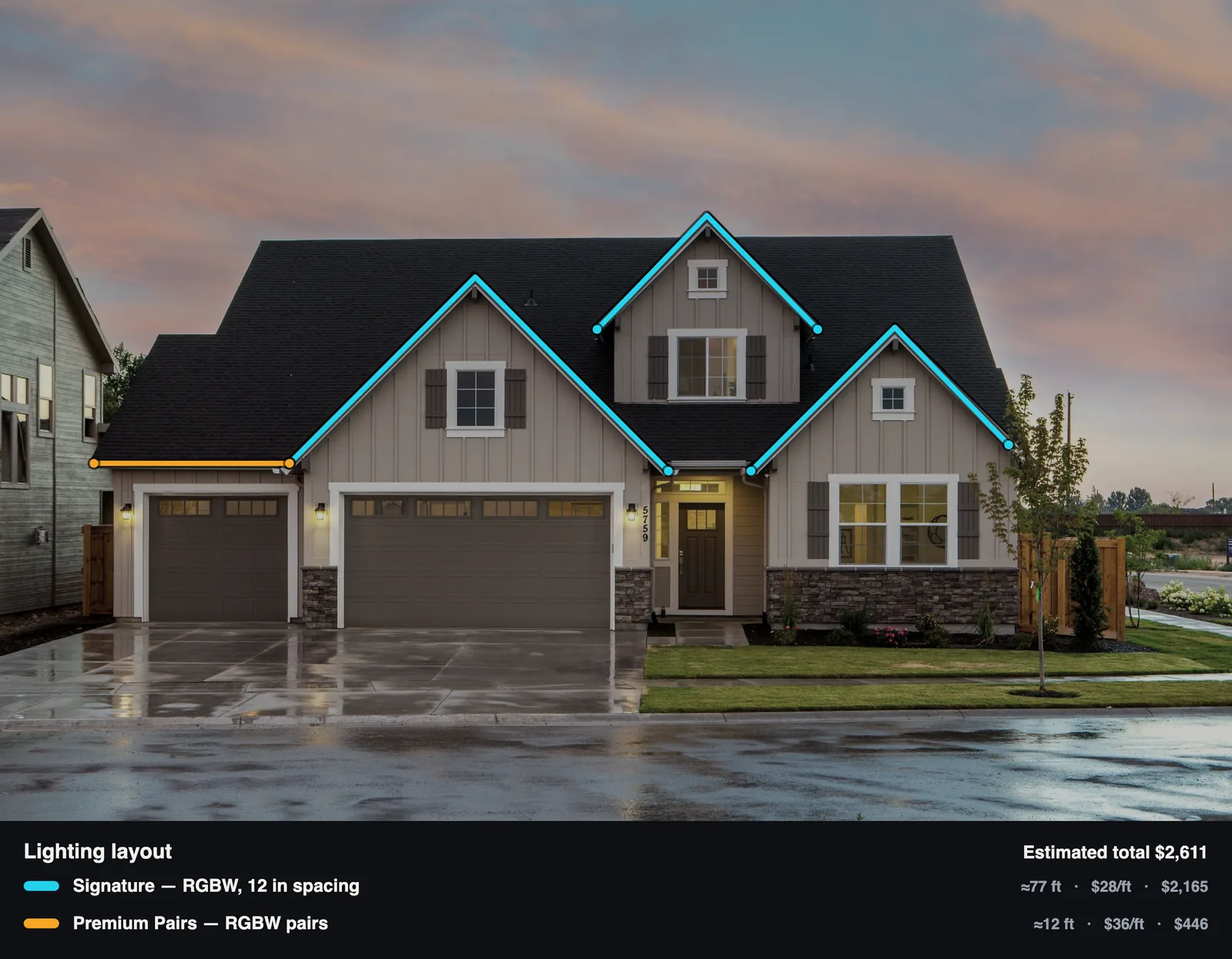 The Lines view: gables traced in cyan, the garage eave in amber, and a legend strip with footage, price per foot and an estimated total of $2,611