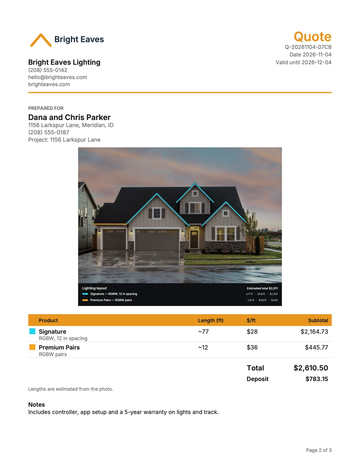 A quote PDF for a homeowner with the installer's logo, the lighting layout, line items, a total of $2,610.50 and a 30% deposit